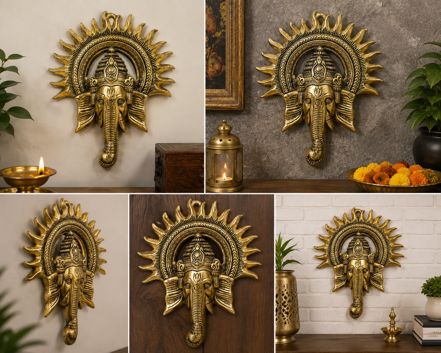 Crown Warriors Ganesh Ji Wall Hanging | Golden Surya Ganesh Face Decor
