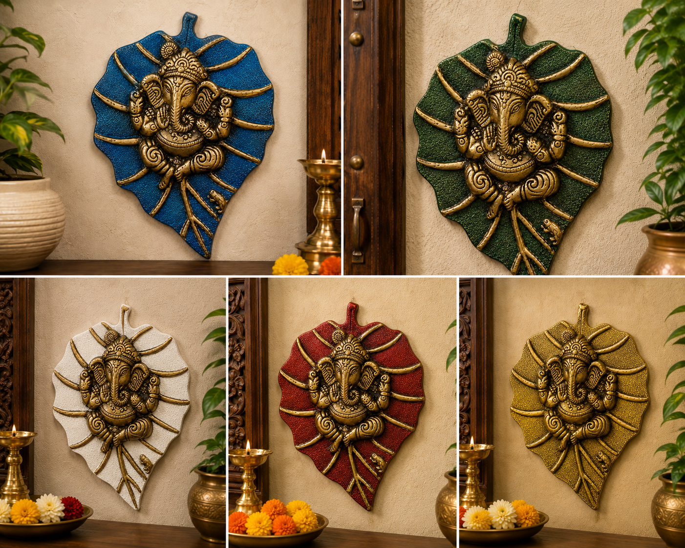 Ganpati on Leaf Wall Hanging | Antique Golden Finish | Large Size