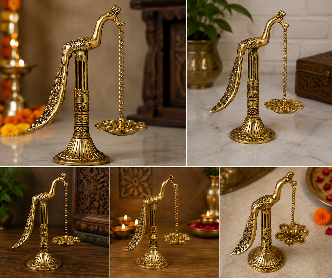 5 Face Peacock Hanging Diya Deepak | Traditional Brass Oil Lamp