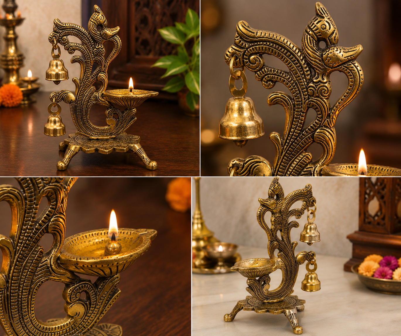Peacock Traditional Hanging Bell Diya Oil Lamp Stand | Antique Golden Finish
