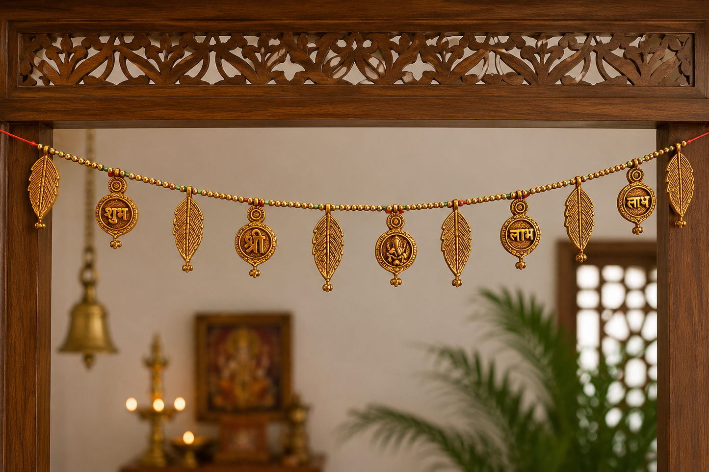 Shubh Labh Toran | Golden Metal Leaf Door Hanging | Traditional Festive Home Decor