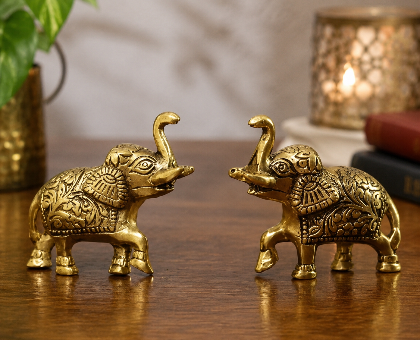 Brass Maharaja Elephant Pair with Upraised Trunks | Traditional Decorative Showpieces