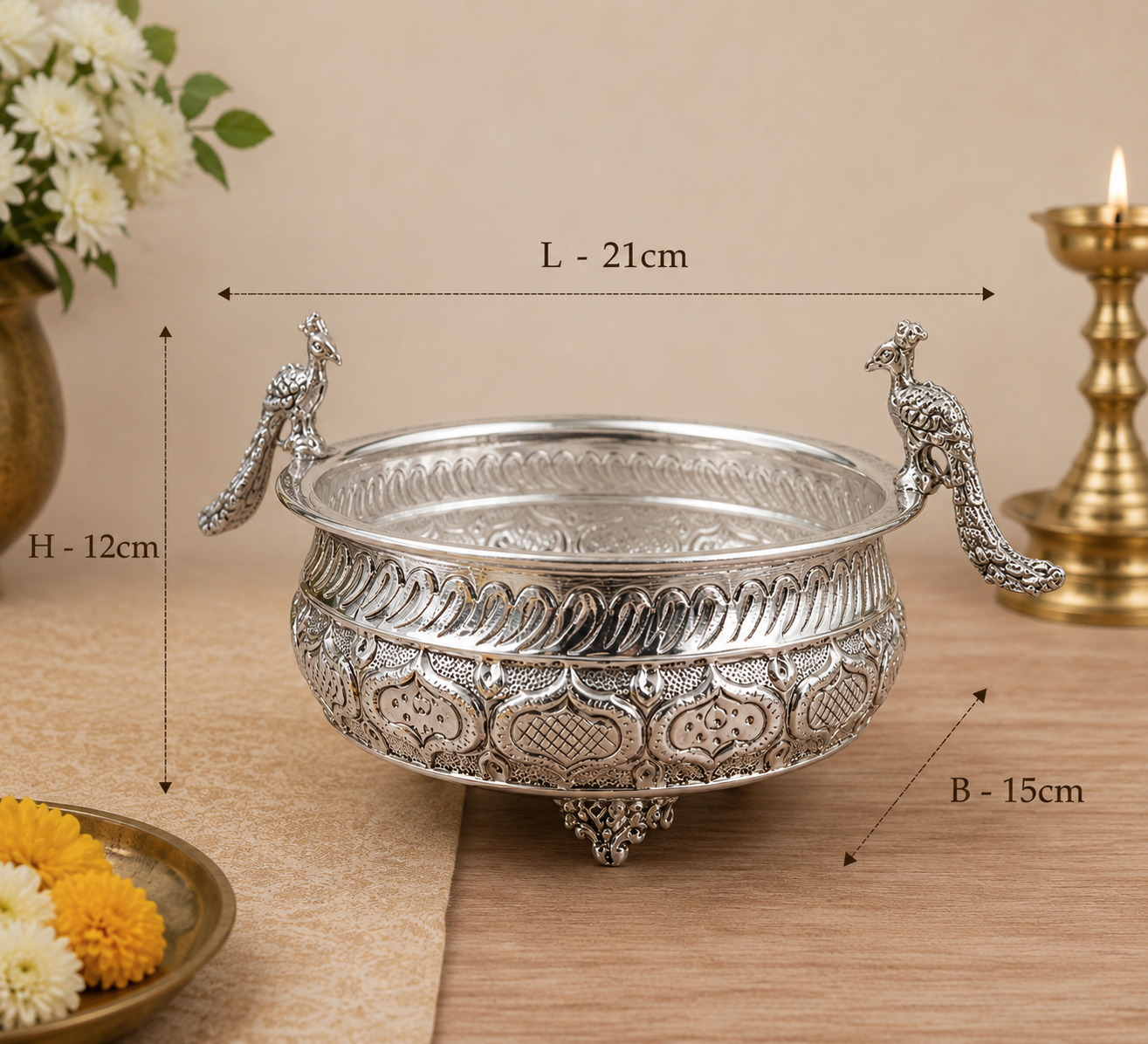 Silver Peacock Urli Bowl | Decorative Peacock Design Bowl | Traditional Indian Home & Festive Decor