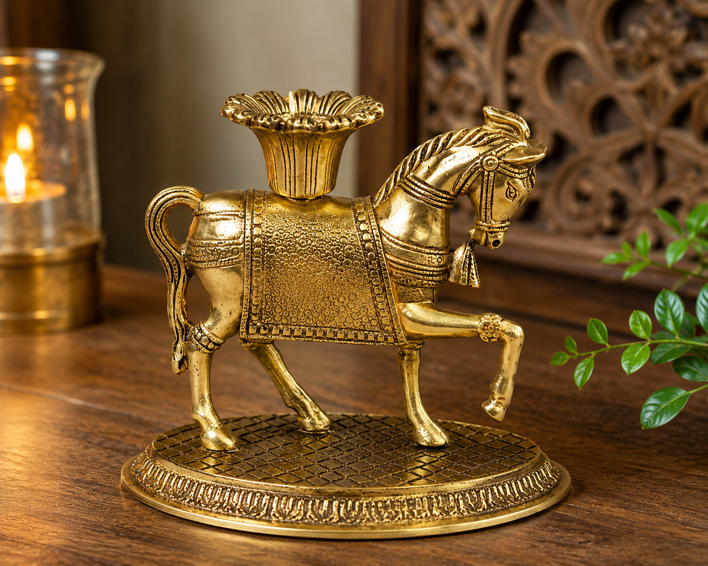 Feng Shui Horse Candle Holder Stand – Antique Gold Decorative Horse Statue with Candle Holder, Tabletop Home Décor