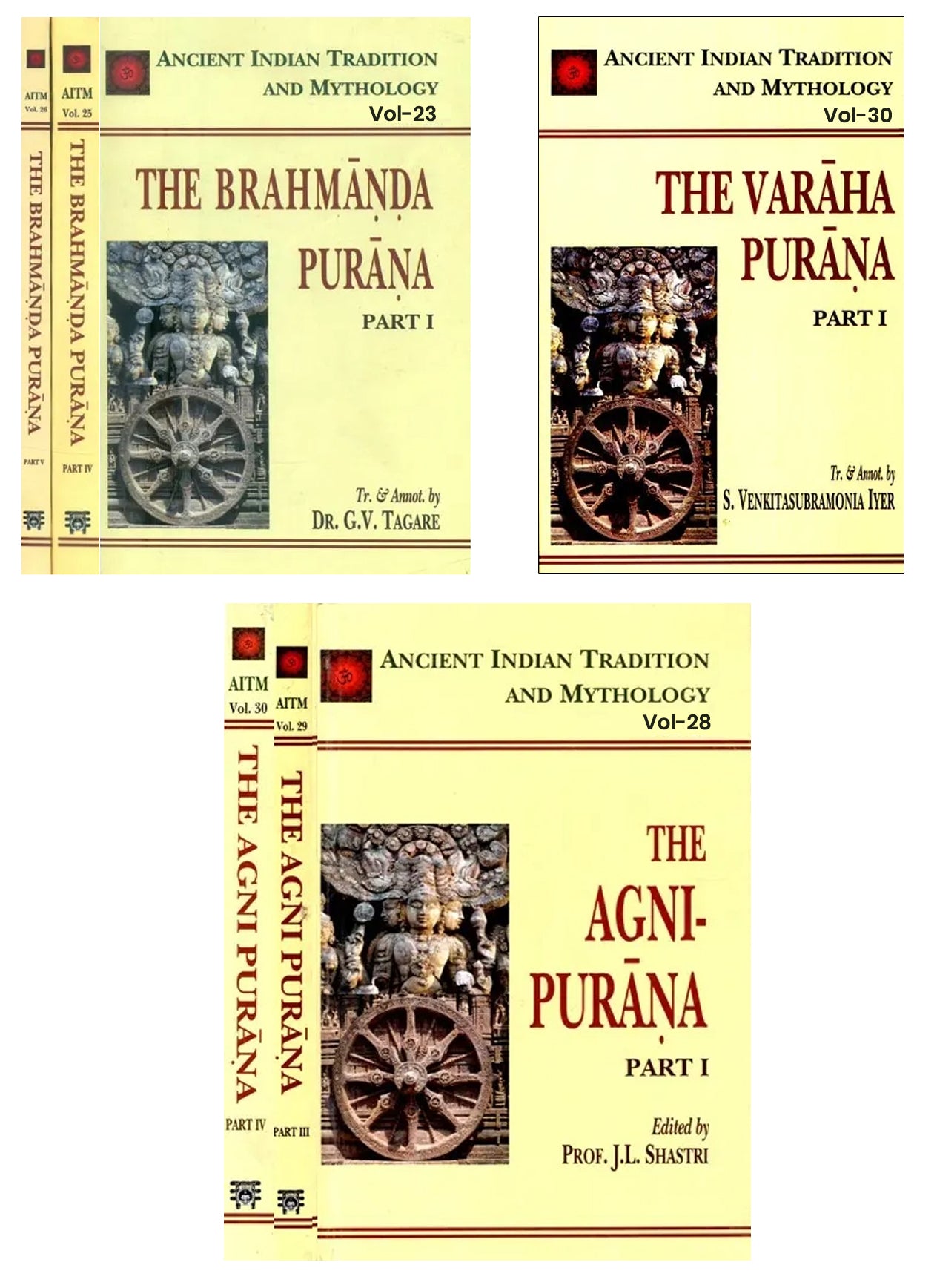 Ancient Indian Tradition and Mythology (AITM)- Brahmanda purana Vol. 23, 25, 26 and Agni purana Vol. 28,29,30 Varaha purana Vol 32 (Yellow) Set of 7 Books MLBD