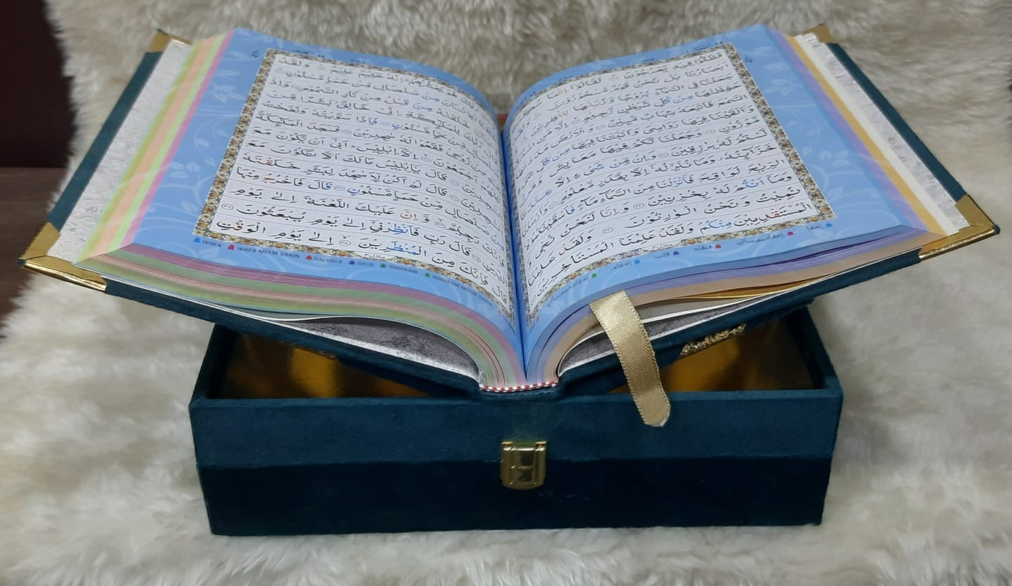 Quran Majeed No.3 Color Coded (13 Line) Velvet Binding, Wooden Box Board, Golden Acrylic Carving, Golden Metal Corners, Rehal Box - Premium Gift Edition