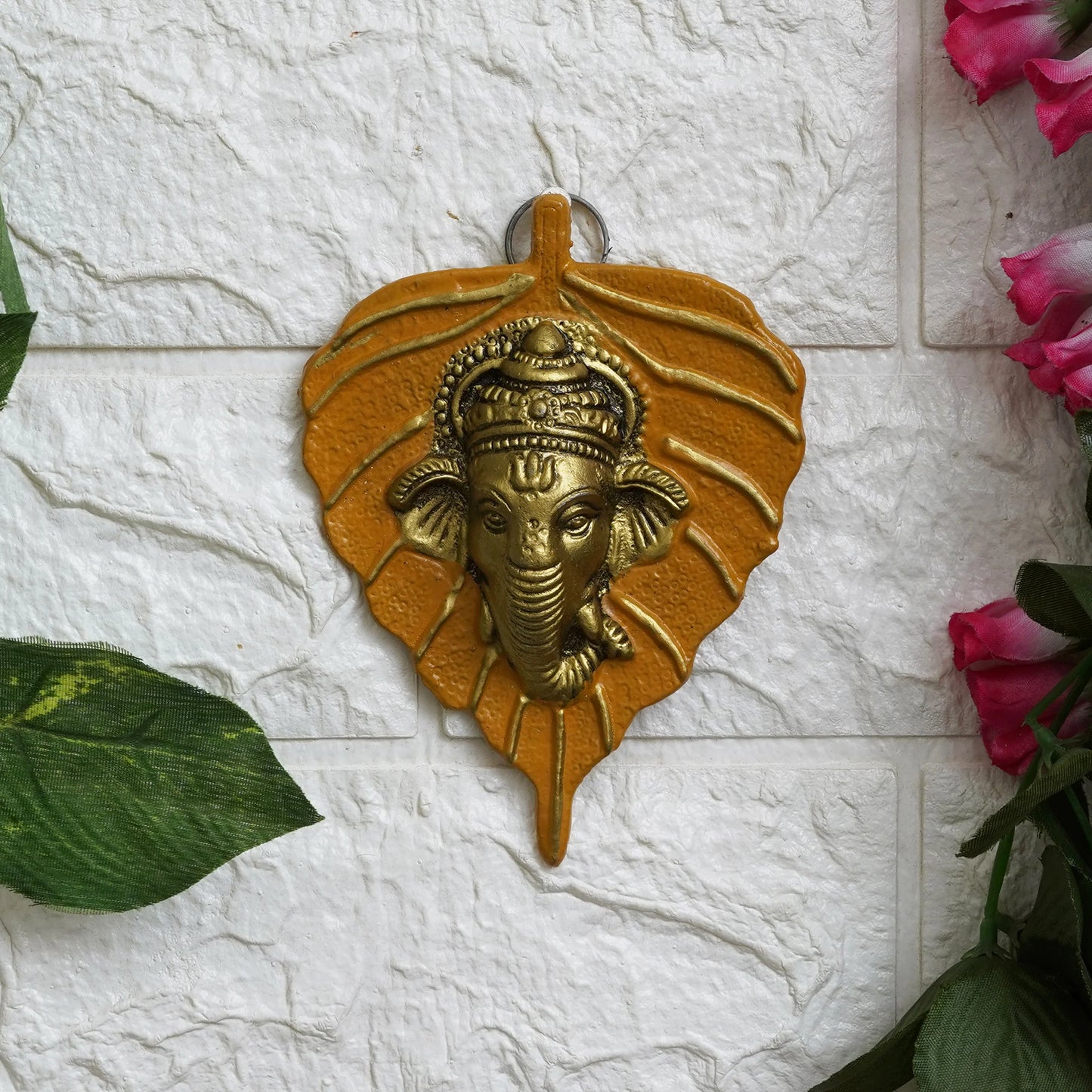 Golden Brass Ganesha on Leaf Wall Hanging | Traditional Decorative Showpiece
