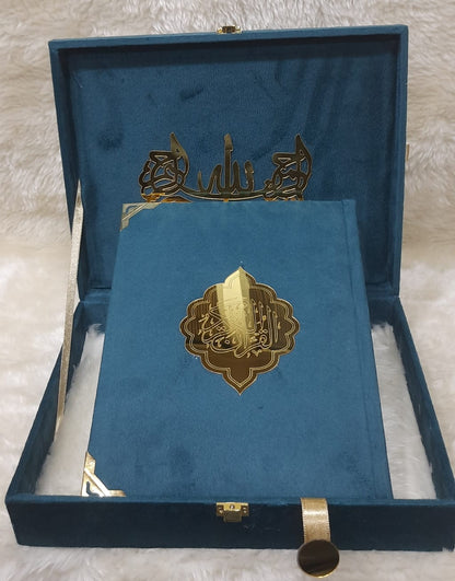 Quran Majeed No.3 Color Coded (13 Line) Velvet Binding, Wooden Box Board, Golden Acrylic Carving, Golden Metal Corners, Rehal Box - Premium Gift Edition