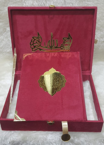 Quran Majeed No.3 Color Coded (13 Line) Velvet Binding, Wooden Box Board, Golden Acrylic Carving, Golden Metal Corners, Rehal Box - Premium Gift Edition