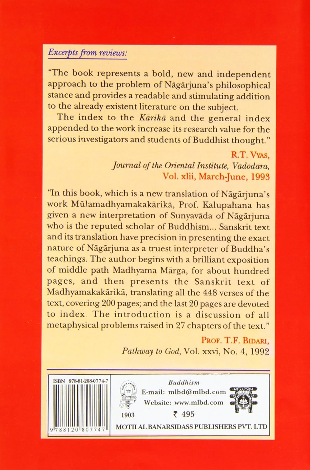 Mulamadhyamakakarika of Nagarjuna by David J. Kalupahana