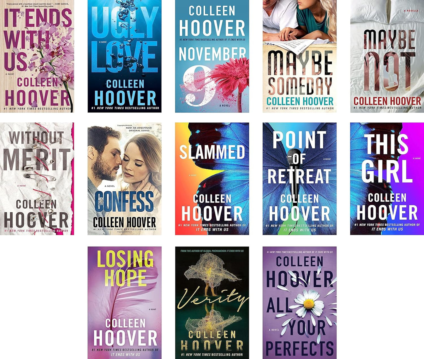 Colleen Hoover 13 Books Collection Set It Ends With Us; Ugly Love; November 9; Maybe Someday; All Your Perfects; Maybe Not; Without Merit; Slammed; Point Of Retreat; Verity; Confess; Losing Hope