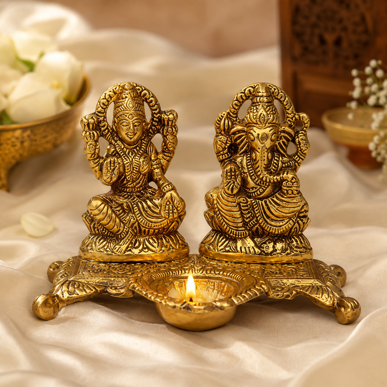 Lakshmi Ganesha Diya Statue for Home & Pooja Décor – Antique Gold Finish Decorative Idol Set