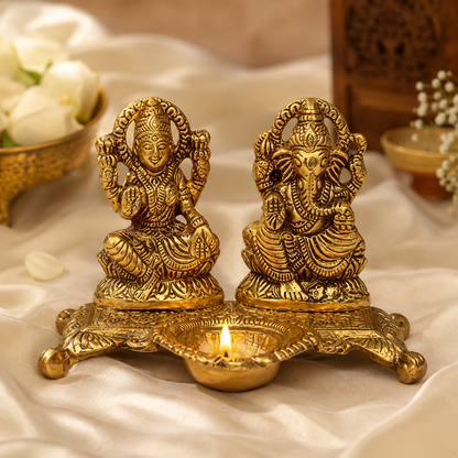 Lakshmi Ganesha Diya Statue for Home & Pooja Décor – Antique Gold Finish Decorative Idol Set