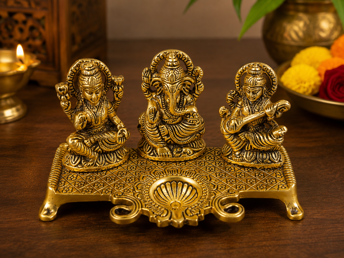 Lakshmi Ganesha Saraswati Idol with Diya | Divine Brass Finish Decorative Statue For Diwali
