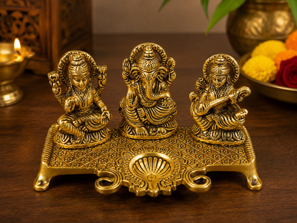 Lakshmi Ganesha Saraswati Idol with Diya | Divine Brass Finish Decorative Statue For Diwali