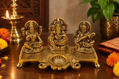 Lakshmi Ganesha Saraswati Idol with Diya | Divine Brass Finish Decorative Statue For Diwali