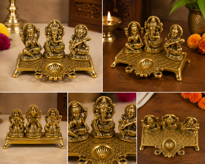 Lakshmi Ganesha Saraswati Idol with Diya | Divine Brass Finish Decorative Statue For Diwali