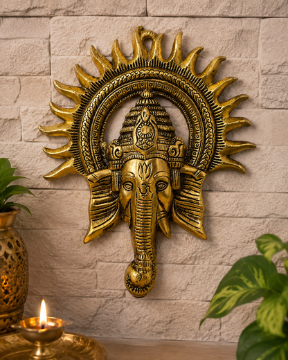 Crown Warriors Ganesh Ji Wall Hanging | Golden Surya Ganesh Face Decor