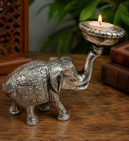 Handcrafted Antique Elephant Silver-Plated Candle Stand | Decorative Candle Holder