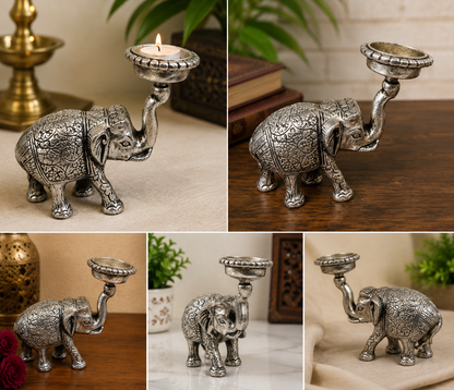 Handcrafted Antique Elephant Silver-Plated Candle Stand | Decorative Candle Holder