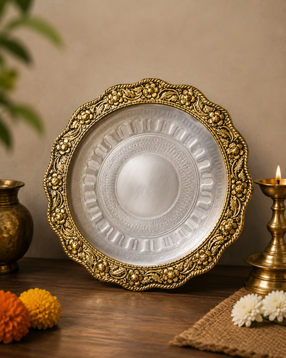 Golden Decorative Round Plate | Ornate Floral Embossed Puja Thali | Traditional Home & Festive Decor