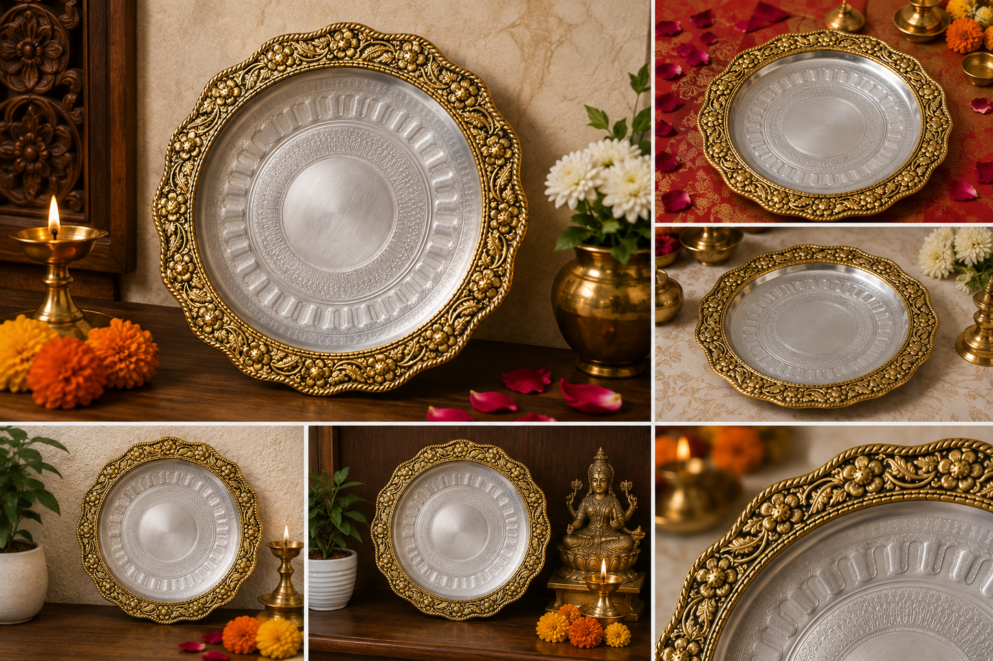 Golden Decorative Round Plate | Ornate Floral Embossed Puja Thali | Traditional Home & Festive Decor