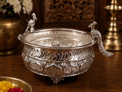 Silver Peacock Urli Bowl | Decorative Peacock Design Bowl | Traditional Indian Home & Festive Decor