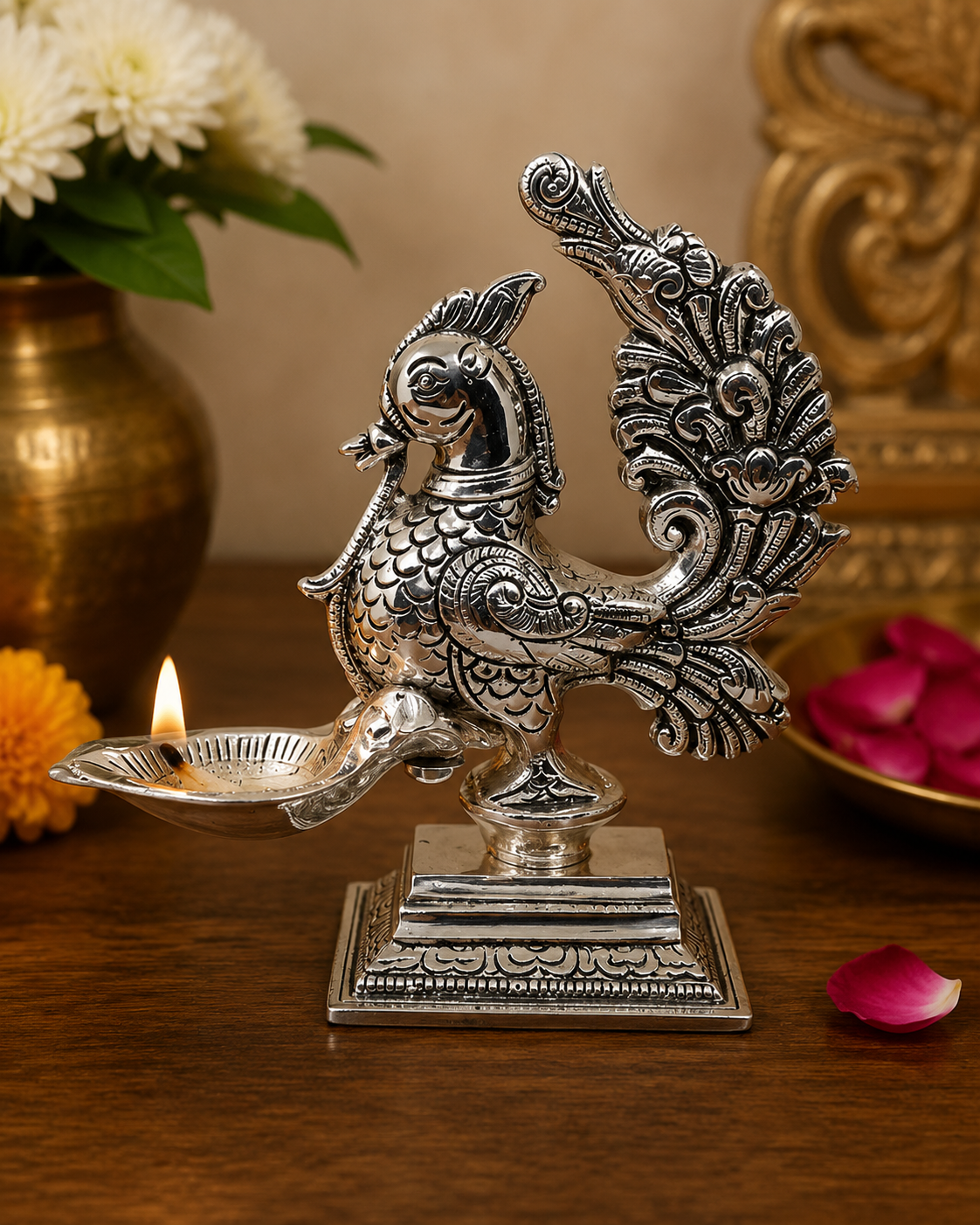 Antique Peacock Design Deepak | Silver Finish Decorative Diya | Traditional Pooja & Festive Home Decor