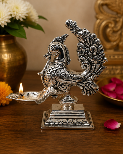 Antique Peacock Design Deepak | Silver Finish Decorative Diya | Traditional Pooja & Festive Home Decor