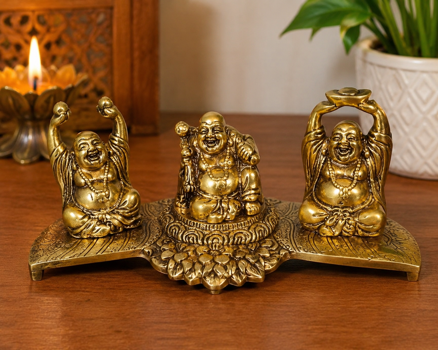 Laughing Buddha Statue | Golden Decorative Buddha Idol | Traditional Home & Office Decor