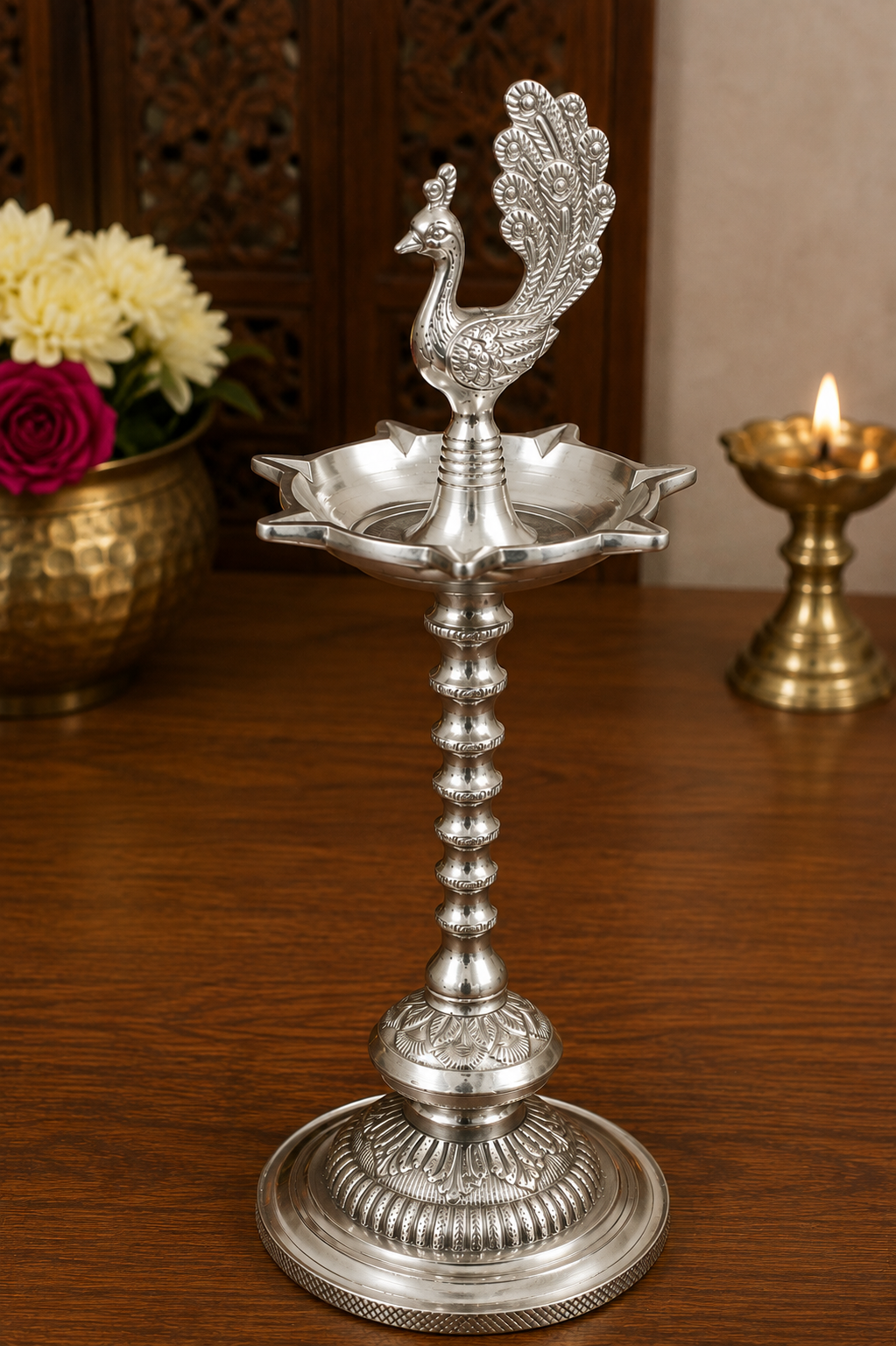 Silver Peacock Deepak | Intricately Carved Peacock Diya Stand | Traditional Pooja & Festive Decor