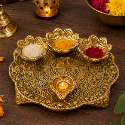 Golden Brass Swastik Pooja Thali Set | Designer Pooja Thali with 3 Bowls & 1 Diya | Festive & Traditional Decor