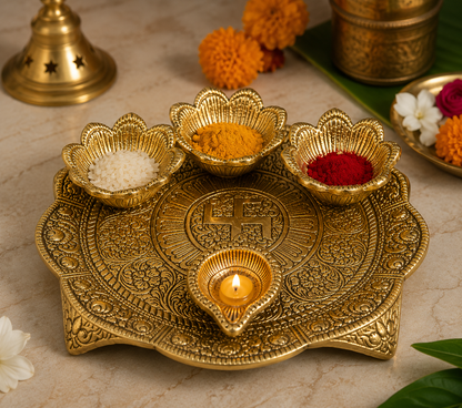 Golden Brass Swastik Pooja Thali Set | Designer Pooja Thali with 3 Bowls & 1 Diya | Festive & Traditional Decor