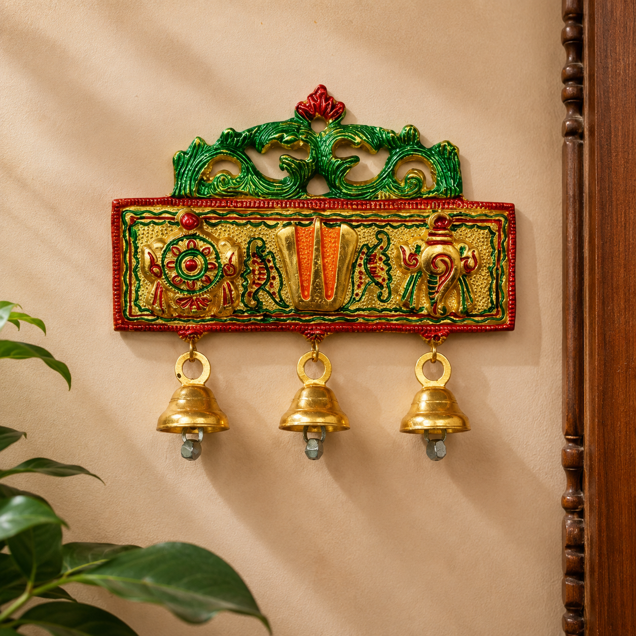 Tirupati Door Hanging with Shankh Chakra Namah & Bells | Gold Plated Auspicious Wall Hanging | Pooja & Home Decor