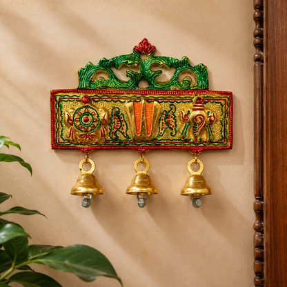 Tirupati Door Hanging with Shankh Chakra Namah & Bells | Gold Plated Auspicious Wall Hanging | Pooja & Home Decor