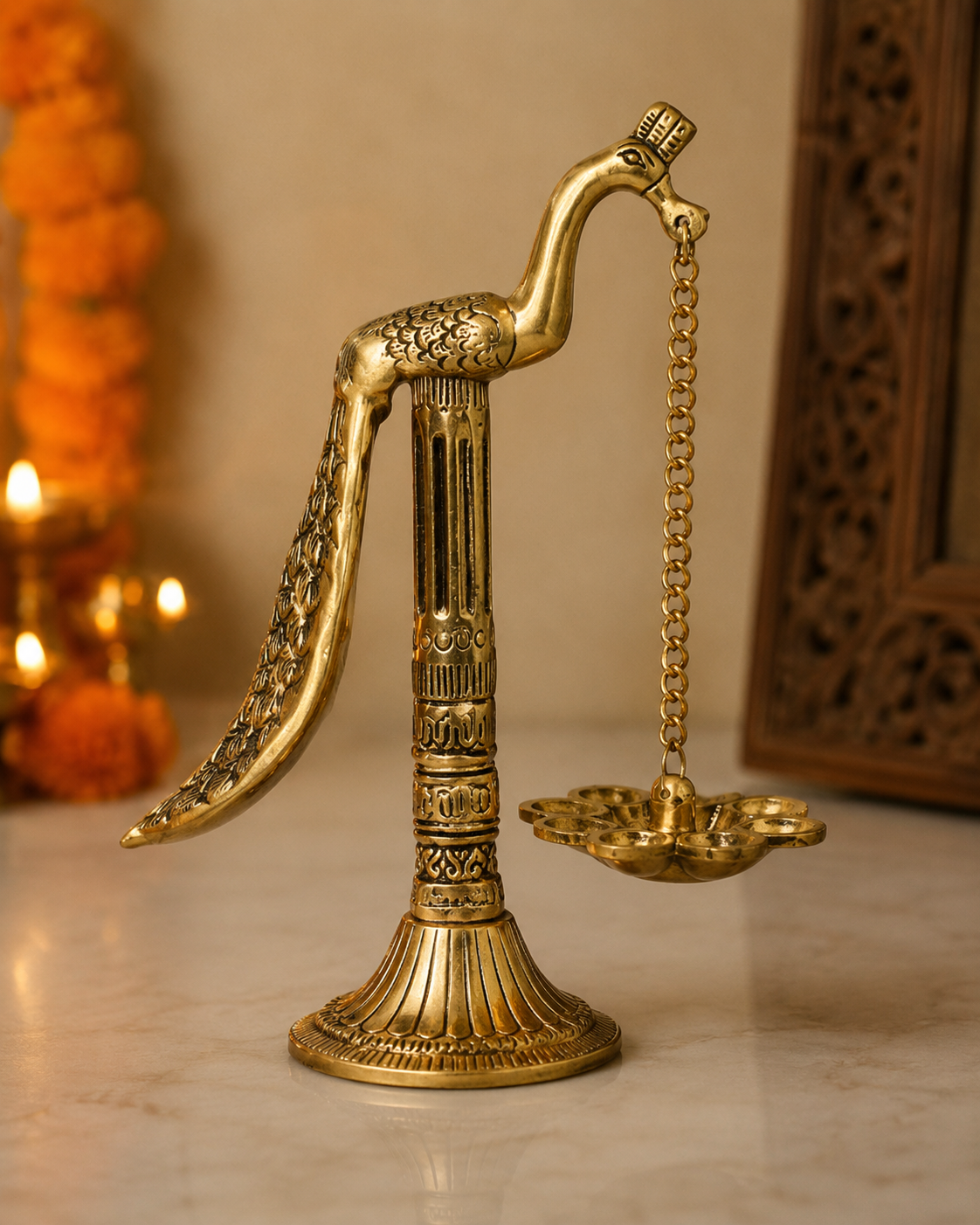 5 Face Peacock Hanging Diya Deepak | Traditional Brass Oil Lamp