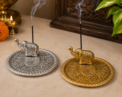 Elephant Agarbatti Stand with Decorative Plate | Antique Gold & Silver Finish