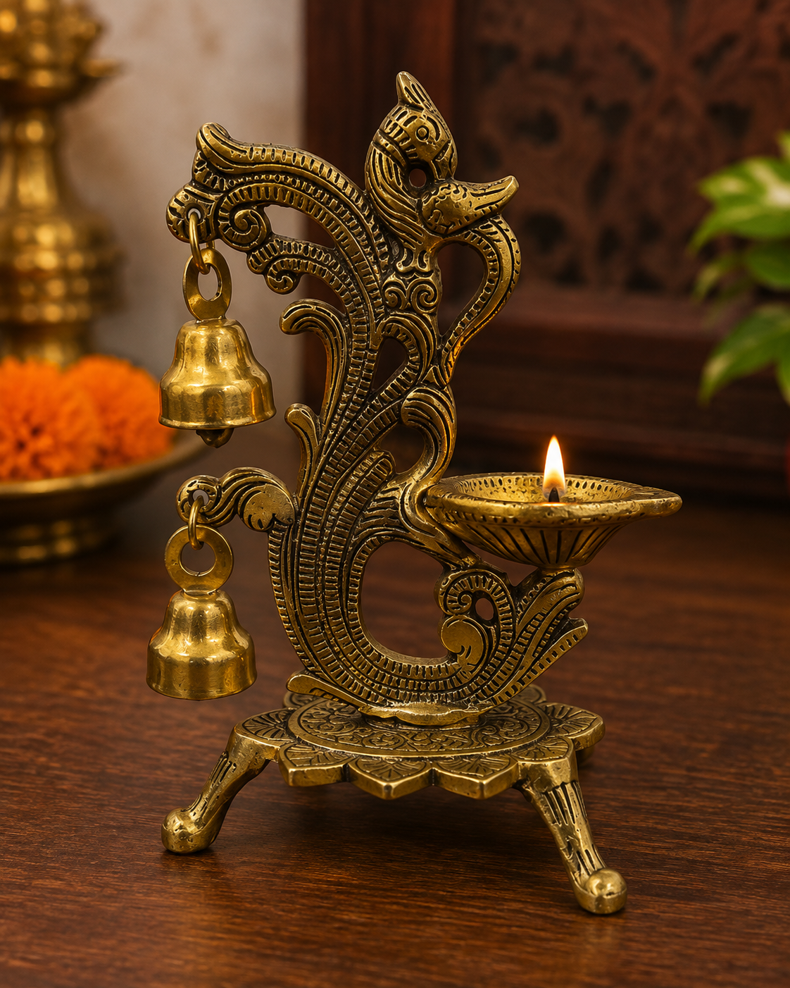 Peacock Traditional Hanging Bell Diya Oil Lamp Stand | Antique Golden Finish