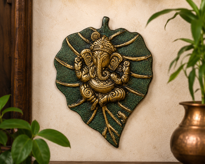 Ganpati on Leaf Wall Hanging | Antique Golden Finish | Large Size