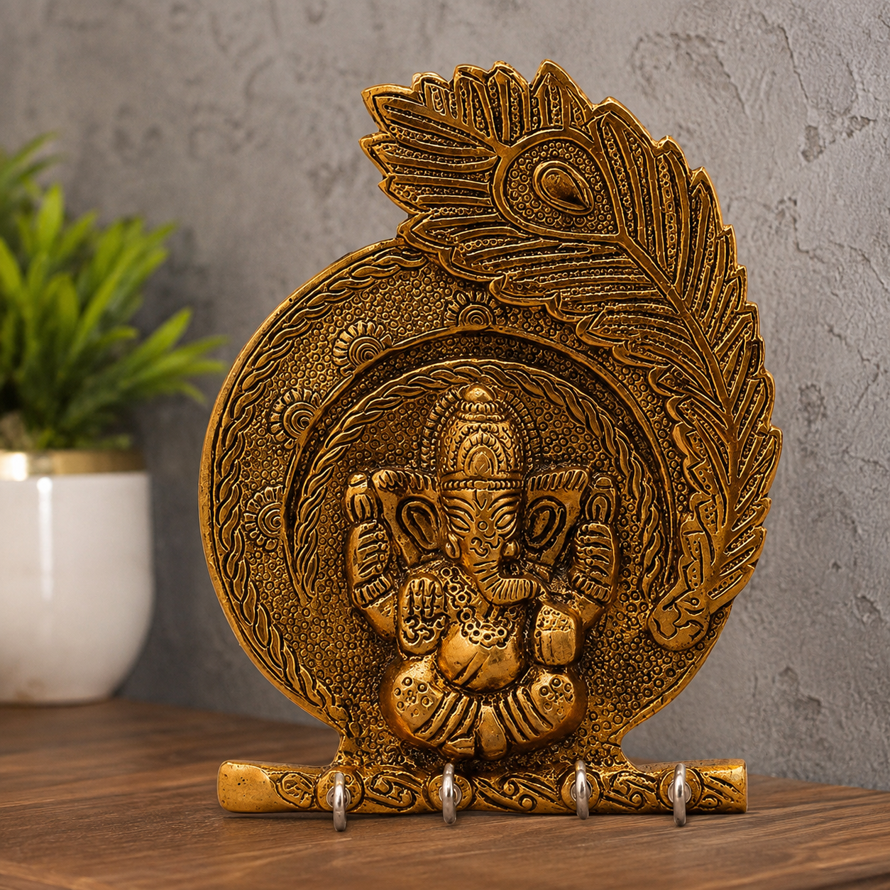 Antique Golden Ganesha Key Holder Wall Hanging | 4 Hook Decorative Organizer