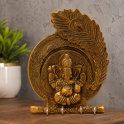 Antique Golden Ganesha Key Holder Wall Hanging | 4 Hook Decorative Organizer