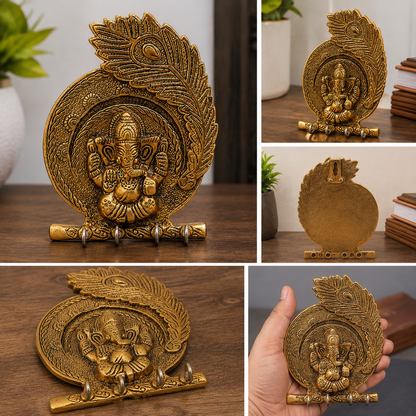 Antique Golden Ganesha Key Holder Wall Hanging | 4 Hook Decorative Organizer