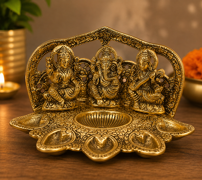 Laxmi Ganesh Saraswati Diya | Antique Golden Metal Diwali Diya & Pooja Decor