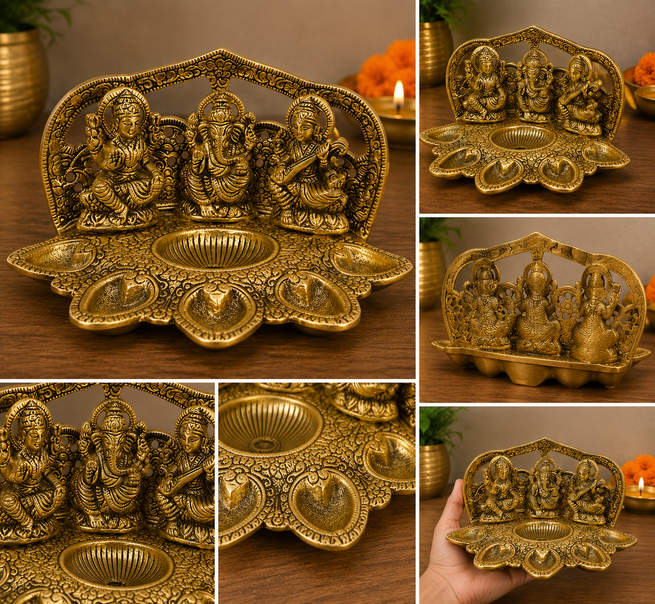 Laxmi Ganesh Saraswati Diya | Antique Golden Metal Diwali Diya & Pooja Decor
