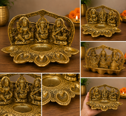 Laxmi Ganesh Saraswati Diya | Antique Golden Metal Diwali Diya & Pooja Decor