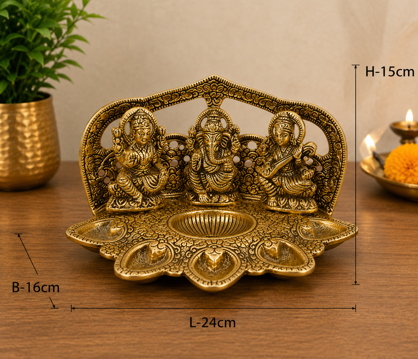 Laxmi Ganesh Saraswati Diya | Antique Golden Metal Diwali Diya & Pooja Decor