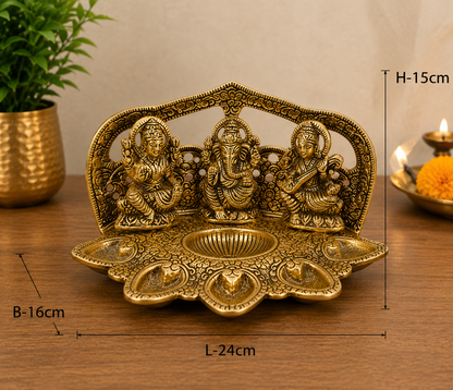 Laxmi Ganesh Saraswati Diya | Antique Golden Metal Diwali Diya & Pooja Decor