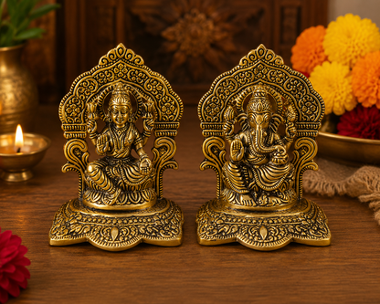 Laxmi Ganesh Idol Set | Antique Golden Brass Lakshmi & Ganesha Murti for Pooja & Home Decor