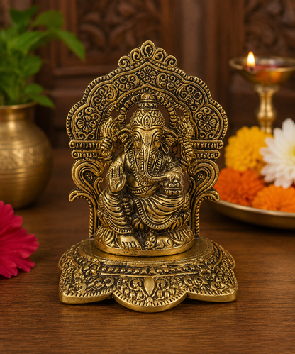 Laxmi Ganesh Idol Set | Antique Golden Brass Lakshmi & Ganesha Murti for Pooja & Home Decor