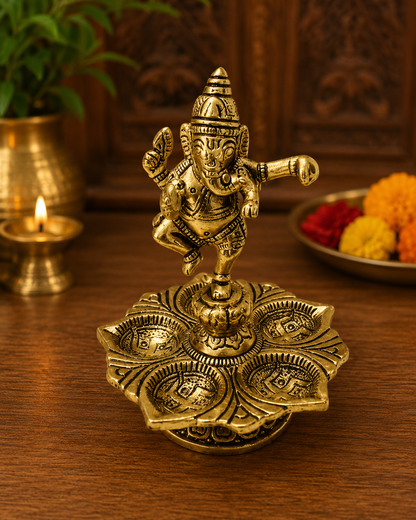 Dancing Ganesha Diya | Antique Golden Brass Ganesh Idol with Lotus 5-Wick Diya